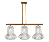 516-3I-BB-G212 3-Light 36" Brushed Brass Island Light - Clear Spiral Fluted Springwater Glass - LED Bulb - Dimmensions: 36 x 12 x 16<br>Minimum Height : 25.375<br>Maximum Height : 49.375 - Sloped Ceiling Compatible: Yes