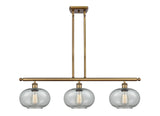 516-3I-BB-G247 3-Light 36" Brushed Brass Island Light - Charcoal Gorham Glass - LED Bulb - Dimmensions: 36 x 9.5 x 10<br>Minimum Height : 20.375<br>Maximum Height : 44.375 - Sloped Ceiling Compatible: Yes