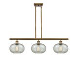 516-3I-BB-G249 3-Light 36" Brushed Brass Island Light - Mica Gorham Glass - LED Bulb - Dimmensions: 36 x 9.5 x 10<br>Minimum Height : 20.375<br>Maximum Height : 44.375 - Sloped Ceiling Compatible: Yes