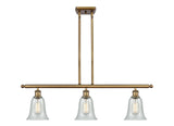516-3I-BB-G2812 3-Light 36" Brushed Brass Island Light - Fishnet Hanover Glass - LED Bulb - Dimmensions: 36 x 6.25 x 12<br>Minimum Height : 21.375<br>Maximum Height : 45.375 - Sloped Ceiling Compatible: Yes