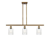 516-3I-BB-G342 3-Light 36" Brushed Brass Island Light - Clear Hadley Glass - LED Bulb - Dimmensions: 36 x 5 x 10<br>Minimum Height : 19.375<br>Maximum Height : 43.375 - Sloped Ceiling Compatible: Yes