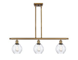 516-3I-BB-G362 3-Light 36" Brushed Brass Island Light - Clear Small Waverly Glass - LED Bulb - Dimmensions: 36 x 6 x 10<br>Minimum Height : 19.375<br>Maximum Height : 43.375 - Sloped Ceiling Compatible: Yes