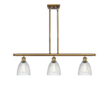 516-3I-BB-G382 3-Light 36" Brushed Brass Island Light - Clear Castile Glass - LED Bulb - Dimmensions: 36 x 6 x 10<br>Minimum Height : 19.375<br>Maximum Height : 43.375 - Sloped Ceiling Compatible: Yes