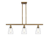516-3I-BB-G392 3-Light 36" Brushed Brass Island Light - Clear Ellery Glass - LED Bulb - Dimmensions: 36 x 5 x 10<br>Minimum Height : 19.375<br>Maximum Height : 43.375 - Sloped Ceiling Compatible: Yes