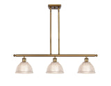516-3I-BB-G422 3-Light 36" Brushed Brass Island Light - Clear Arietta Glass - LED Bulb - Dimmensions: 36 x 8 x 9<br>Minimum Height : 19.375<br>Maximum Height : 43.375 - Sloped Ceiling Compatible: Yes