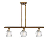 516-3I-BB-G462-6 3-Light 36" Brushed Brass Island Light - Clear Norfolk Glass - LED Bulb - Dimmensions: 36 x 5.75 x 10<br>Minimum Height : 20.375<br>Maximum Height : 44.375 - Sloped Ceiling Compatible: Yes