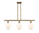 516-3I-BB-G651-8 3-Light 36" Brushed Brass Island Light - Cased Matte White Cindyrella 8" Glass - LED Bulb - Dimmensions: 36 x 8 x 10.5<br>Minimum Height : 19.5<br>Maximum Height : 43.5 - Sloped Ceiling Compatible: Yes