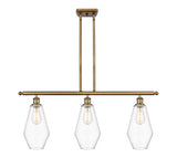 516-3I-BB-G652-7 3-Light 36" Brushed Brass Island Light - Clear Cindyrella 7" Glass - LED Bulb - Dimmensions: 36 x 7 x 14<br>Minimum Height : 23<br>Maximum Height : 47 - Sloped Ceiling Compatible: Yes