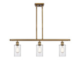 516-3I-BB-G802 3-Light 36" Brushed Brass Island Light - Clear Clymer Glass - LED Bulb - Dimmensions: 36 x 3.875 x 12<br>Minimum Height : 21.375<br>Maximum Height : 45.375 - Sloped Ceiling Compatible: Yes