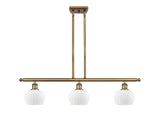 516-3I-BB-G91 3-Light 36" Brushed Brass Island Light - Matte White Fenton Glass - LED Bulb - Dimmensions: 36 x 6.5 x 9<br>Minimum Height : 17.875<br>Maximum Height : 41.875 - Sloped Ceiling Compatible: Yes