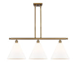 516-3I-BB-GBC-121 3-Light 38.5" Brushed Brass Island Light - Matte White Cased Ballston Cone Glass - LED Bulb - Dimmensions: 38.5 x 12 x 14.25<br>Minimum Height : 23.25<br>Maximum Height : 47.25 - Sloped Ceiling Compatible: Yes