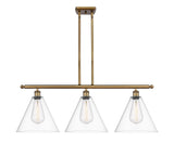 516-3I-BB-GBC-122 3-Light 38.5" Brushed Brass Island Light - Cased Matte White Ballston Cone Glass - LED Bulb - Dimmensions: 38.5 x 12 x 14.25<br>Minimum Height : 23.25<br>Maximum Height : 47.25 - Sloped Ceiling Compatible: Yes