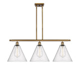 516-3I-BB-GBC-124 3-Light 38.5" Brushed Brass Island Light - Seedy Ballston Cone Glass - LED Bulb - Dimmensions: 38.5 x 12 x 14.25<br>Minimum Height : 23.25<br>Maximum Height : 47.25 - Sloped Ceiling Compatible: Yes