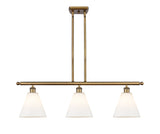 516-3I-BB-GBC-81 3-Light 36" Brushed Brass Island Light - Matte White Cased Ballston Cone Glass - LED Bulb - Dimmensions: 36 x 8 x 11.25<br>Minimum Height : 20.25<br>Maximum Height : 44.25 - Sloped Ceiling Compatible: Yes