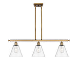 516-3I-BB-GBC-82 3-Light 36" Brushed Brass Island Light - Clear Ballston Cone Glass - LED Bulb - Dimmensions: 36 x 8 x 11.25<br>Minimum Height : 20.25<br>Maximum Height : 44.25 - Sloped Ceiling Compatible: Yes