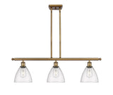 516-3I-BB-GBD-754 3-Light 36" Brushed Brass Island Light - Seedy Ballston Dome Glass - LED Bulb - Dimmensions: 36 x 7.5 x 10.75<br>Minimum Height : 19.75<br>Maximum Height : 43.75 - Sloped Ceiling Compatible: Yes