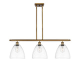 516-3I-BB-GBD-92 3-Light 36" Brushed Brass Island Light - Matte White Ballston Dome Glass - LED Bulb - Dimmensions: 36 x 9 x 12.75<br>Minimum Height : 21.75<br>Maximum Height : 45.75 - Sloped Ceiling Compatible: Yes