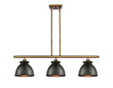 516-3I-BB-M14-BK 3-Light 36" Brushed Brass Island Light - Matte Black Adirondack Shade - LED Bulb - Dimmensions: 36 x 8.125 x 11<br>Minimum Height : 21.25<br>Maximum Height : 45.25 - Sloped Ceiling Compatible: Yes