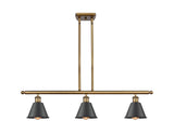 516-3I-BB-M8-BK 3-Light 36" Brushed Brass Island Light - Matte Black Smithfield Shade - LED Bulb - Dimmensions: 36 x 6.5 x 10<br>Minimum Height : 19.375<br>Maximum Height : 43.375 - Sloped Ceiling Compatible: Yes