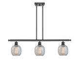 516-3I-BK-G105 3-Light 36" Matte Black Island Light - Clear Crackle Belfast Glass - LED Bulb - Dimmensions: 36 x 6 x 10<br>Minimum Height : 19.375<br>Maximum Height : 43.375 - Sloped Ceiling Compatible: Yes