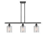 516-3I-BK-G112 3-Light 36" Matte Black Island Light - Clear Cobbleskill Glass - LED Bulb - Dimmensions: 36 x 5 x 10<br>Minimum Height : 19.375<br>Maximum Height : 43.375 - Sloped Ceiling Compatible: Yes
