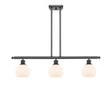 516-3I-BK-G121-6 3-Light 36" Matte Black Island Light - Cased Matte White Athens Glass - LED Bulb - Dimmensions: 36 x 6 x 9.375<br>Minimum Height : 18.375<br>Maximum Height : 42.375 - Sloped Ceiling Compatible: Yes