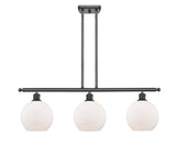 516-3I-BK-G121-8 3-Light 36" Matte Black Island Light - Cased Matte White Athens Glass - LED Bulb - Dimmensions: 36 x 8 x 11<br>Minimum Height : 20.375<br>Maximum Height : 44.375 - Sloped Ceiling Compatible: Yes