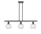 516-3I-BK-G1213-6 3-Light 36" Matte Black Island Light - Clear Athens Deco Swirl 8" Glass - LED Bulb - Dimmensions: 36 x 7 x 9<br>Minimum Height : 20.375<br>Maximum Height : 44.375 - Sloped Ceiling Compatible: Yes