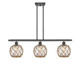 516-3I-BK-G122-8RB 3-Light 36" Matte Black Island Light - Clear Farmhouse Glass with Brown Rope Glass - LED Bulb - Dimmensions: 36 x 8 x 11<br>Minimum Height : 20.375<br>Maximum Height : 44.375 - Sloped Ceiling Compatible: Yes