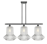 516-3I-BK-G212 3-Light 36" Matte Black Island Light - Clear Spiral Fluted Springwater Glass - LED Bulb - Dimmensions: 36 x 12 x 16<br>Minimum Height : 25.375<br>Maximum Height : 49.375 - Sloped Ceiling Compatible: Yes