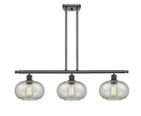 516-3I-BK-G249 3-Light 36" Matte Black Island Light - Mica Gorham Glass - LED Bulb - Dimmensions: 36 x 9.5 x 10<br>Minimum Height : 20.375<br>Maximum Height : 44.375 - Sloped Ceiling Compatible: Yes