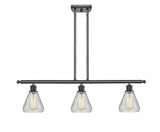 516-3I-BK-G275 3-Light 36" Matte Black Island Light - Clear Crackle Conesus Glass - LED Bulb - Dimmensions: 36 x 6 x 11<br>Minimum Height : 20.375<br>Maximum Height : 44.375 - Sloped Ceiling Compatible: Yes