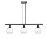 516-3I-BK-G362 3-Light 36" Matte Black Island Light - Clear Small Waverly Glass - LED Bulb - Dimmensions: 36 x 6 x 10<br>Minimum Height : 19.375<br>Maximum Height : 43.375 - Sloped Ceiling Compatible: Yes