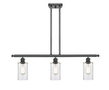 516-3I-BK-G802 3-Light 36" Matte Black Island Light - Clear Clymer Glass - LED Bulb - Dimmensions: 36 x 3.875 x 12<br>Minimum Height : 21.375<br>Maximum Height : 45.375 - Sloped Ceiling Compatible: Yes