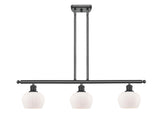 516-3I-BK-G91 3-Light 36" Matte Black Island Light - Matte White Fenton Glass - LED Bulb - Dimmensions: 36 x 6.5 x 9<br>Minimum Height : 17.875<br>Maximum Height : 41.875 - Sloped Ceiling Compatible: Yes