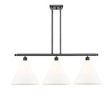 516-3I-BK-GBC-121 3-Light 38.5" Matte Black Island Light - Matte White Cased Ballston Cone Glass - LED Bulb - Dimmensions: 38.5 x 12 x 14.25<br>Minimum Height : 23.25<br>Maximum Height : 47.25 - Sloped Ceiling Compatible: Yes