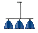 516-3I-BK-MBD-12-BL 3-Light 38.5" Matte Black Island Light - Blue Plymouth Dome Shade - LED Bulb - Dimmensions: 38.5 x 10.125 x 14.25<br>Minimum Height : 23.25<br>Maximum Height : 47.25 - Sloped Ceiling Compatible: Yes