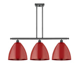 516-3I-BK-MBD-12-RD 3-Light 38.5" Matte Black Island Light - Red Plymouth Dome Shade - LED Bulb - Dimmensions: 38.5 x 10.125 x 14.25<br>Minimum Height : 23.25<br>Maximum Height : 47.25 - Sloped Ceiling Compatible: Yes