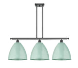 516-3I-BK-MBD-12-SF 3-Light 38.5" Matte Black Island Light - Seafoam Plymouth Dome Shade - LED Bulb - Dimmensions: 38.5 x 10.125 x 14.25<br>Minimum Height : 23.25<br>Maximum Height : 47.25 - Sloped Ceiling Compatible: Yes