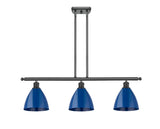 516-3I-BK-MBD-75-BL 3-Light 36" Matte Black Island Light - Blue Plymouth Dome Shade - LED Bulb - Dimmensions: 36 x 7.5 x 10.75<br>Minimum Height : 19.75<br>Maximum Height : 43.75 - Sloped Ceiling Compatible: Yes