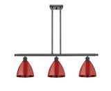 516-3I-BK-MBD-75-RD 3-Light 36" Matte Black Island Light - Red Plymouth Dome Shade - LED Bulb - Dimmensions: 36 x 7.5 x 10.75<br>Minimum Height : 19.75<br>Maximum Height : 43.75 - Sloped Ceiling Compatible: Yes