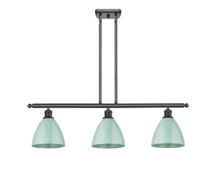 516-3I-BK-MBD-75-SF 3-Light 36" Matte Black Island Light - Seafoam Plymouth Dome Shade - LED Bulb - Dimmensions: 36 x 7.5 x 10.75<br>Minimum Height : 19.75<br>Maximum Height : 43.75 - Sloped Ceiling Compatible: Yes