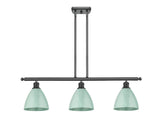 516-3I-BK-MBD-75-SF 3-Light 36" Matte Black Island Light - Seafoam Plymouth Dome Shade - LED Bulb - Dimmensions: 36 x 7.5 x 10.75<br>Minimum Height : 19.75<br>Maximum Height : 43.75 - Sloped Ceiling Compatible: Yes