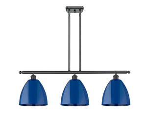 516-3I-BK-MBD-9-BL 3-Light 36" Matte Black Island Light - Blue Plymouth Dome Shade - LED Bulb - Dimmensions: 36 x 9 x 12.375<br>Minimum Height : 21.375<br>Maximum Height : 45.375 - Sloped Ceiling Compatible: Yes
