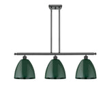 516-3I-BK-MBD-9-GR 3-Light 36" Matte Black Island Light - Green Plymouth Dome Shade - LED Bulb - Dimmensions: 36 x 9 x 12.375<br>Minimum Height : 21.375<br>Maximum Height : 45.375 - Sloped Ceiling Compatible: Yes