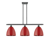 516-3I-BK-MBD-9-RD 3-Light 36" Matte Black Island Light - Red Plymouth Dome Shade - LED Bulb - Dimmensions: 36 x 9 x 12.375<br>Minimum Height : 21.375<br>Maximum Height : 45.375 - Sloped Ceiling Compatible: Yes