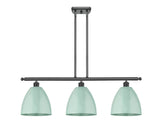 516-3I-BK-MBD-9-SF 3-Light 36" Matte Black Island Light - Seafoam Plymouth Dome Shade - LED Bulb - Dimmensions: 36 x 9 x 12.375<br>Minimum Height : 21.375<br>Maximum Height : 45.375 - Sloped Ceiling Compatible: Yes