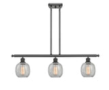 516-3I-OB-G105 3-Light 36" Oil Rubbed Bronze Island Light - Clear Crackle Belfast Glass - LED Bulb - Dimmensions: 36 x 6 x 10<br>Minimum Height : 19.375<br>Maximum Height : 43.375 - Sloped Ceiling Compatible: Yes