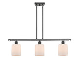 516-3I-OB-G111 3-Light 36" Oil Rubbed Bronze Island Light - Matte White Cobbleskill Glass - LED Bulb - Dimmensions: 36 x 5 x 10<br>Minimum Height : 19.375<br>Maximum Height : 43.375 - Sloped Ceiling Compatible: Yes