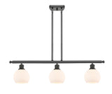 516-3I-OB-G121-6 3-Light 36" Oil Rubbed Bronze Island Light - Cased Matte White Athens Glass - LED Bulb - Dimmensions: 36 x 6 x 9.375<br>Minimum Height : 18.375<br>Maximum Height : 42.375 - Sloped Ceiling Compatible: Yes